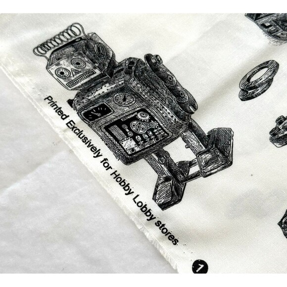 Robots Trains Bolts Black Off White Fabric Boys Cotton Quilt Fabric BTY - Picture 4 of 6